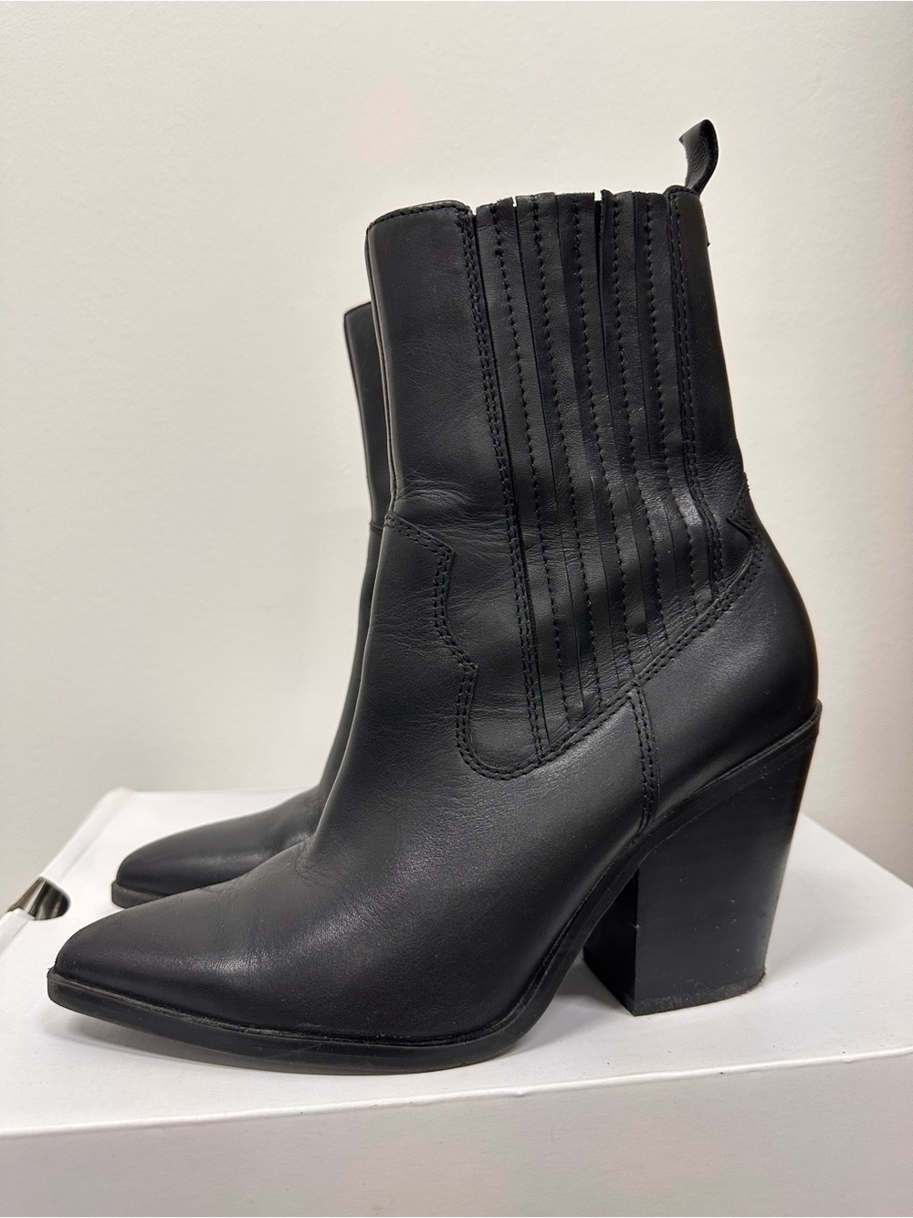 Aldo Black Leather Pointed Western Ankle Boots
